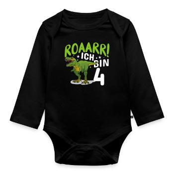 4. Geburtstag 4 Jahre Dino Dinosaurier Fan - Baby Bio-Langarm-Body - Schwarz - Vorne
