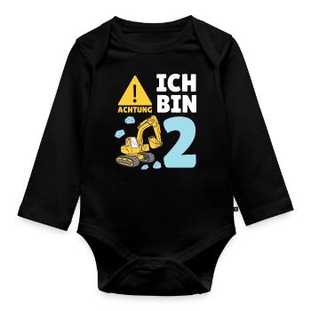 2. Geburtstag Bagger 2 Jahre Alt Baustelle Junge - Baby Bio-Langarm-Body - Schwarz - Vorne