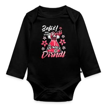 Zefix Wo zum Deifi is mei Dirndl Trachtenshirt - Baby Bio-Langarm-Body - Schwarz - Vorne