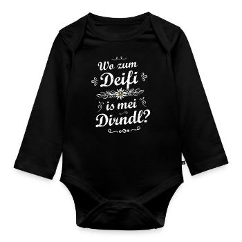 Wo zum Deifi is mei Dirndl Sprüche Trachtenshirt - Baby Bio-Langarm-Body - Schwarz - Vorne