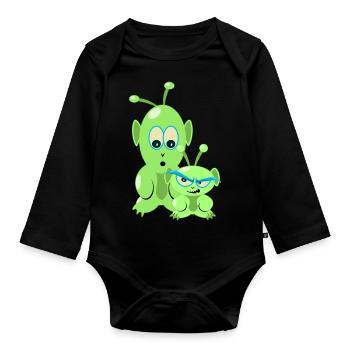 Deux petits aliens drôles - des martiens cool - Body Bébé bio manches longues - noir - Devant