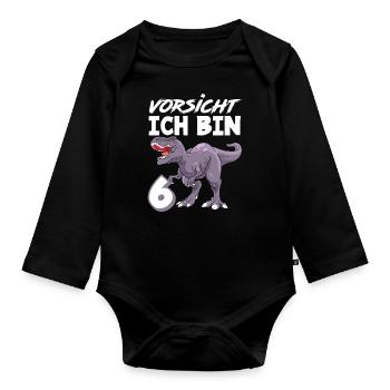 6. Geburtstag 6 Jahre Dino Dinosaurier Fan - Baby Bio-Langarm-Body - Schwarz - Vorne