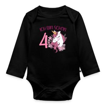4. Geburtstag Mädchen 4 Jahre Pferd Pferde Einhorn - Baby Bio-Langarm-Body - Schwarz - Vorne