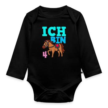 4. Geburtstag Mädchen 4 Jahre Pferd Pferde Party - Baby Bio-Langarm-Body - Schwarz - Vorne