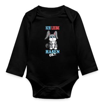 Hase Häschen Kaninchen Ich liebe Hasen ok Nagetier - Baby Bio-Langarm-Body - Schwarz - Vorne