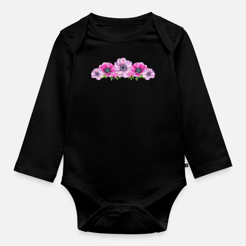 Fleurs d’anémone Fleur Rose Papillon Fleuriste - Body Bébé bio manches longues - noir