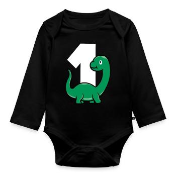 EINS DINO Dinosaurier Baby 1 Jahr - Baby Bio-Langarm-Body - Schwarz - Vorne