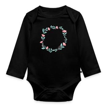 Couronne de fleurs. Placez-y votre propre texte. - Body Bébé bio manches longues - noir - Devant