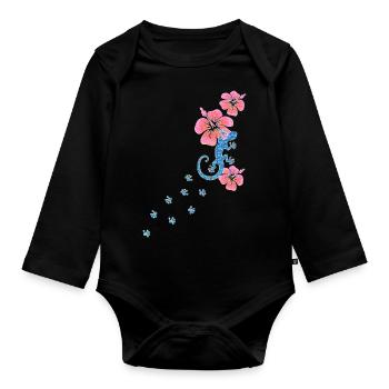 Gecko footprint with hibiscus, lucky charm Aloha - Organic Longsleeve Baby Bodysuit - black - Front