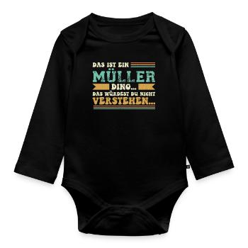 Familienname Müller - für Familie Müller - Baby Bio-Langarm-Body - Schwarz - Vorne