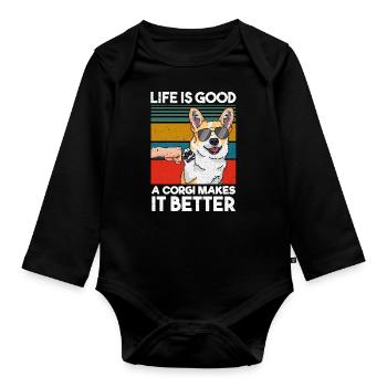 Life Is Good A Corgi Makes It Better Hund - Baby Bio-Langarm-Body - Schwarz - Vorne
