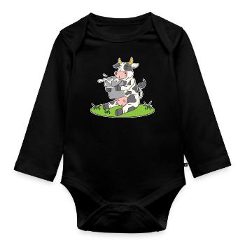 Lustige Kuh mit einem Eimer Milch süße Kuh Kühe - Baby Bio-Langarm-Body - Schwarz - Vorne