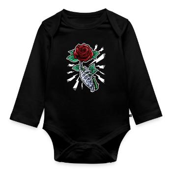 Tattoo Skeleton Hand Red Rose Flower - Organic Longsleeve Baby Bodysuit - black - Front