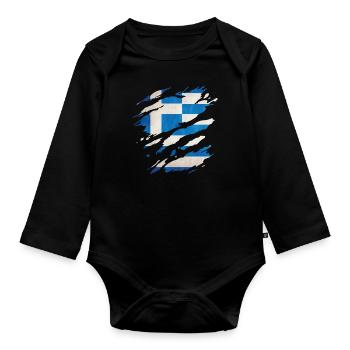 Grèce - Drapeau national, rayures, fissures - Body Bébé bio manches longues - noir - Devant