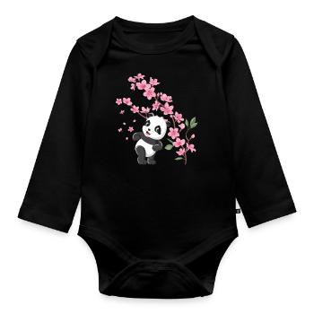 Panda Cherry Blossom Cerisier Fleurs De Cerisier Pandas Japonais - Body Bébé bio manches longues - noir - Devant