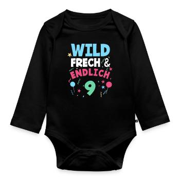 9. Geburtstag Wild, Frech & Endlich 9 Jahre - Baby Bio-Langarm-Body - Schwarz - Vorne