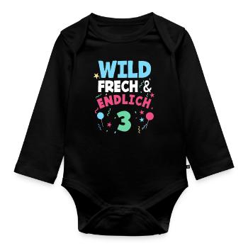 3. Geburtstag Wild, Frech & Endlich 3 Jahre - Baby Bio-Langarm-Body - Schwarz - Vorne