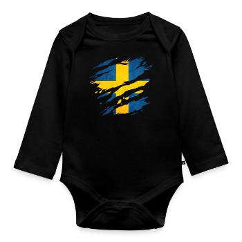 Sweden - National flag, scratches, cracks - Organic Longsleeve Baby Bodysuit - black - Front