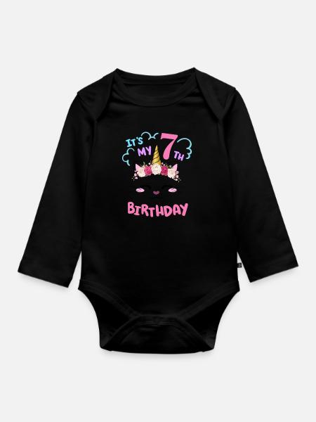 7. Geburtstag Mädchen Outfit Einhorn Katze - Baby Bio-Langarm-Body - Schwarz