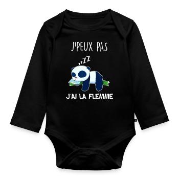 J' peux pas j'ai la flemme, humour panda fatigué - Body Bébé bio manches longues - noir - Devant