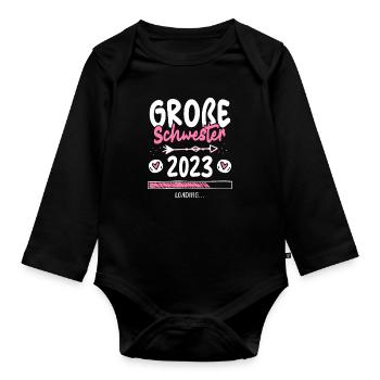 Große Schwester 2023 Loading Herz - Baby Bio-Langarm-Body - Schwarz - Vorne