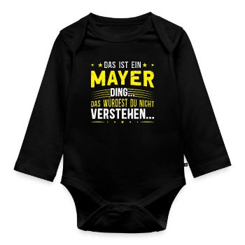 Familienname Mayer - für Familie Mayer - Baby Bio-Langarm-Body - Schwarz - Vorne