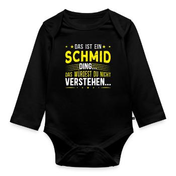 Familienname Schmid - für Familie Schmid - Baby Bio-Langarm-Body - Schwarz - Vorne