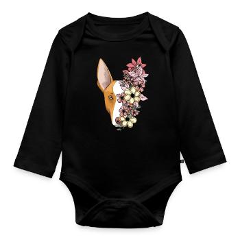 Podenco Ibicenco Dog With Flowers - Organic Longsleeve Baby Bodysuit - black - Front