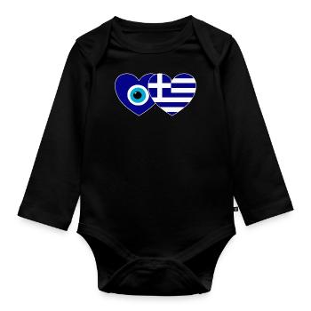 Griechenland Flagge Glücksbringer Nazar Perle - Baby Bio-Langarm-Body - Schwarz - Vorne