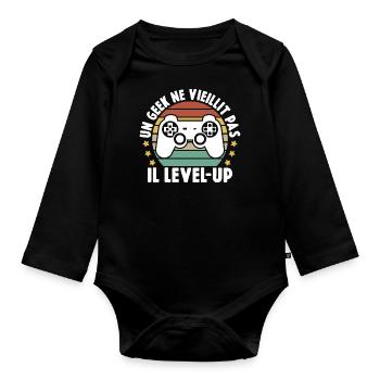 Un Geek Ne Vieillit Pas Il Level UP - Body Bébé bio manches longues - noir - Devant