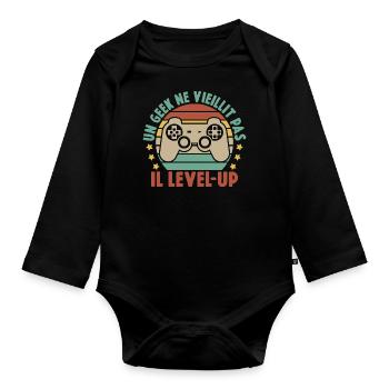 Un Geek Ne Vieillit Pas Il Level UP - Body Bébé bio manches longues - noir - Devant