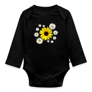 Sunflower with daisies flowers, floral, flower - Organic Longsleeve Baby Bodysuit - black - Front