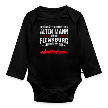 Flensburg Stadt Skyline | Alter Mann Flensburger - Baby Bio-Langarm-Body - Schwarz - Vorne
