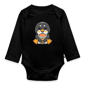 Bubble Milk Tea Pinguin trinkt Boba Milk Tea - Baby Bio-Langarm-Body - Schwarz - Vorne