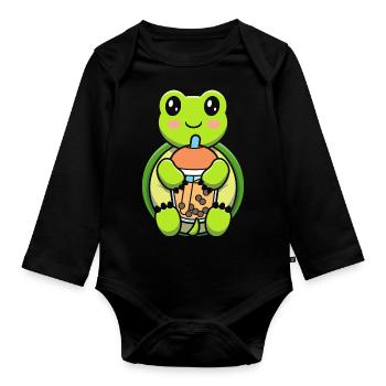 Bubble Milk Tea Turtle Drinking Boba Milk Tea - Baby Bio-Langarm-Body - Schwarz - Vorne