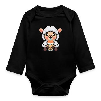 Bubble Milk Tea Sheep Drinking Boba Milk Tea - Baby Bio-Langarm-Body - Schwarz - Vorne