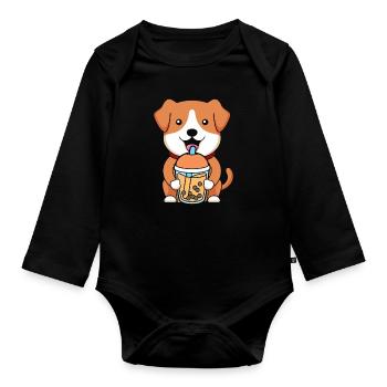 Bubble Milk Tea Chien Buvant Boba Milk Tea - Body Bébé bio manches longues - noir - Devant