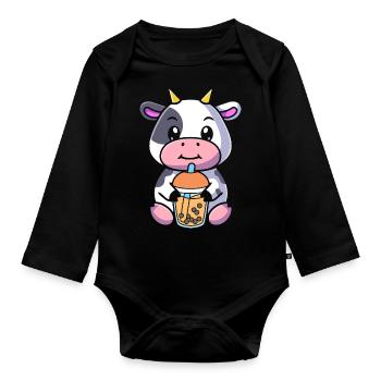 Bubble Tea Kuh - Baby Bio-Langarm-Body - Schwarz - Vorne