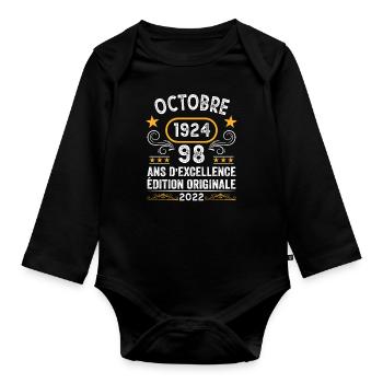 Octobre 1924 98 Ans Anniversaire Idée Cadeau Rétro - Body Bébé bio manches longues - noir - Devant