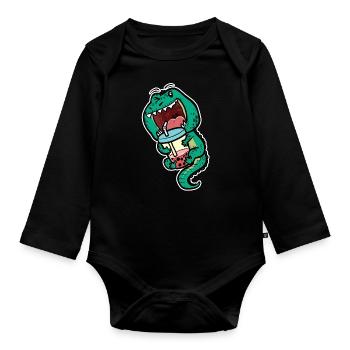 T-Rex Bubble Tea Dino Fan Eistee Saurier - Baby Bio-Langarm-Body - Schwarz - Vorne