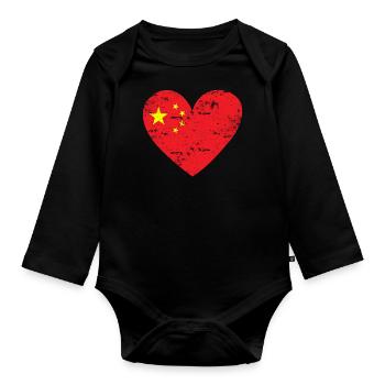 China Flaggenherz - Baby Bio-Langarm-Body - Schwarz - Vorne