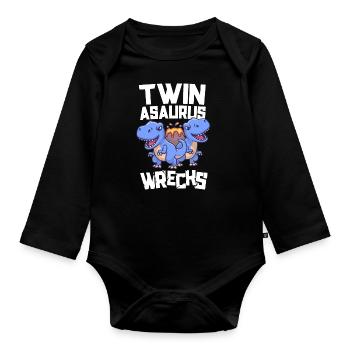 Twinasaurus Wracks Passende Dinosaurier Twin Boys - Baby Bio-Langarm-Body - Schwarz - Vorne