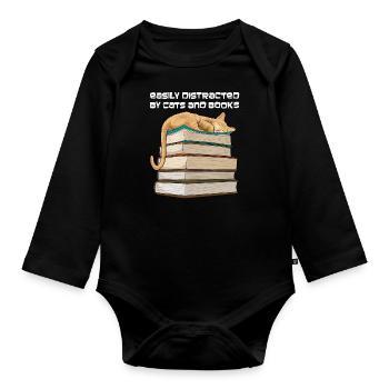 Easily Distracted By Cats And Books Cat Reading - Organic Longsleeve Baby Bodysuit - black - Front