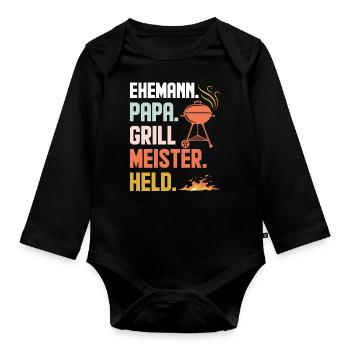 Ehemann Papa Grillmeister Held Retro - Baby Bio-Langarm-Body - Schwarz - Vorne