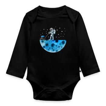 Astronaut mows moon universe solar system stars - Organic Longsleeve Baby Bodysuit - black - Front
