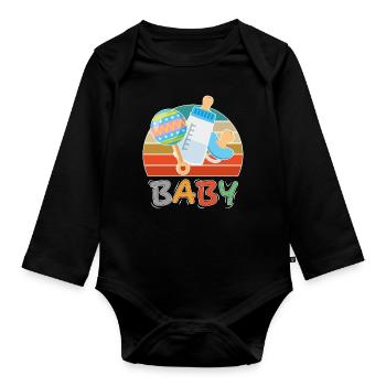 Baby Flasche Nuckel Rassel Fläschchen Retro - Baby Bio-Langarm-Body - Schwarz - Vorne