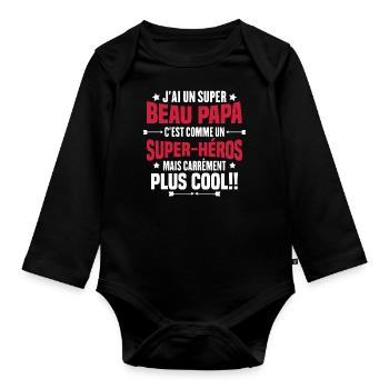 Super beau-papa c'est comme un super héros - Body Bébé bio manches longues - noir - Devant