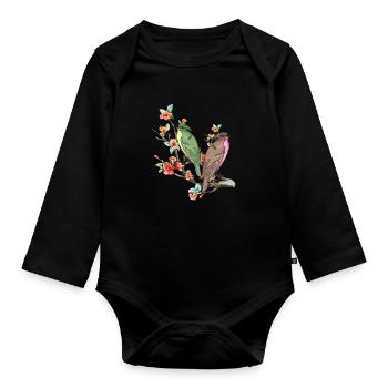 Cherry Blossom Japanese Art Birds On Peach Tree - Organic Longsleeve Baby Bodysuit - black - Front