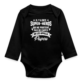 Papou super héros cadeau grand-père - Body Bébé bio manches longues - noir - Devant