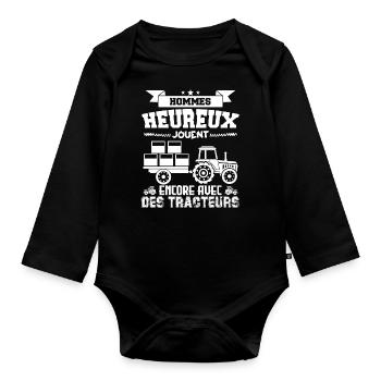 Hommes heureux jouent encore avec des tracteurs ! - Body Bébé bio manches longues - noir - Devant
